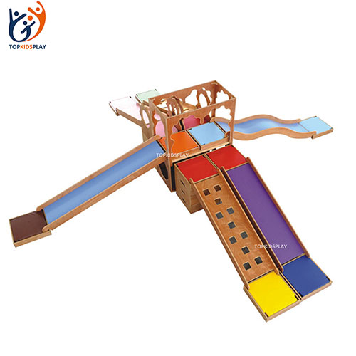 Attractive indoor soft padded wood play gym equipment for early learning center